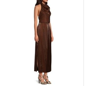 Gianni Bini maxi dress 8 brown cognac Dorinda metallic long halter new $190
